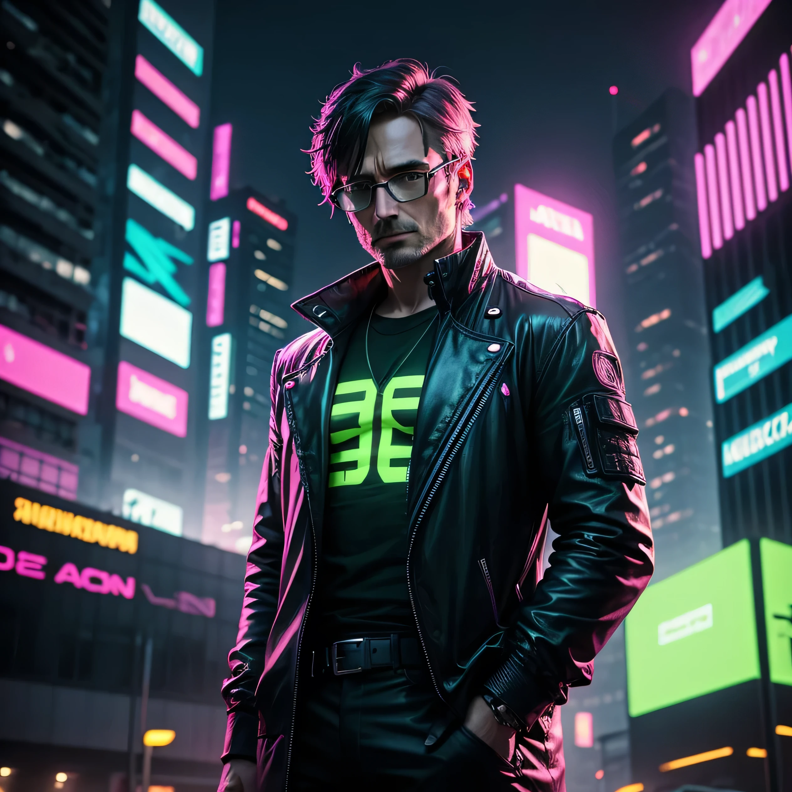 Neon green cyberpunk man wearing glasses on pink cityscape background Mads Mikkelsen Mercenary black hair