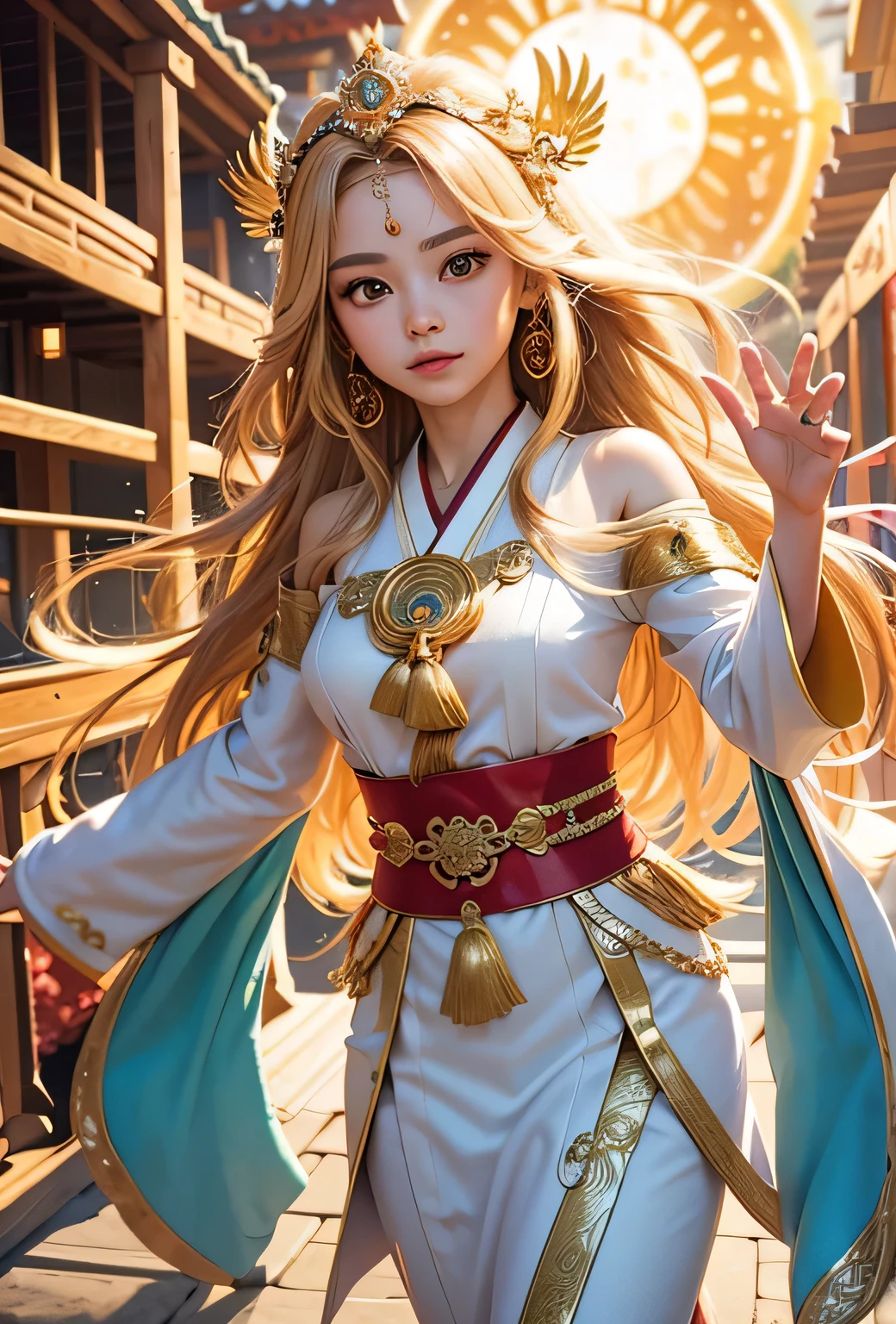 "Child of the Sun, Goddess of Love": Within a sacred sanctuary bathed in sunlight, depict the figure of a sun goddess who governs love, facing forward and emanating divine radiance. She is a , around 3 . Zoom in to focus on her face, with a gleaming orb of light in her hands, representing the life-giving power of the sun. Her hair is shimmering gold, and she is wearing a traditional miko outfit as seen in Japanese shrines. The background should be predominantly gold, evoking a sense of divine splendor, with numerous heart-themed objects expressing the beauty of love. The setting is in heaven, enveloped in soft, bright light, where one can find tranquility and peace of mind, free from any trace of anxiety.Straight-on.