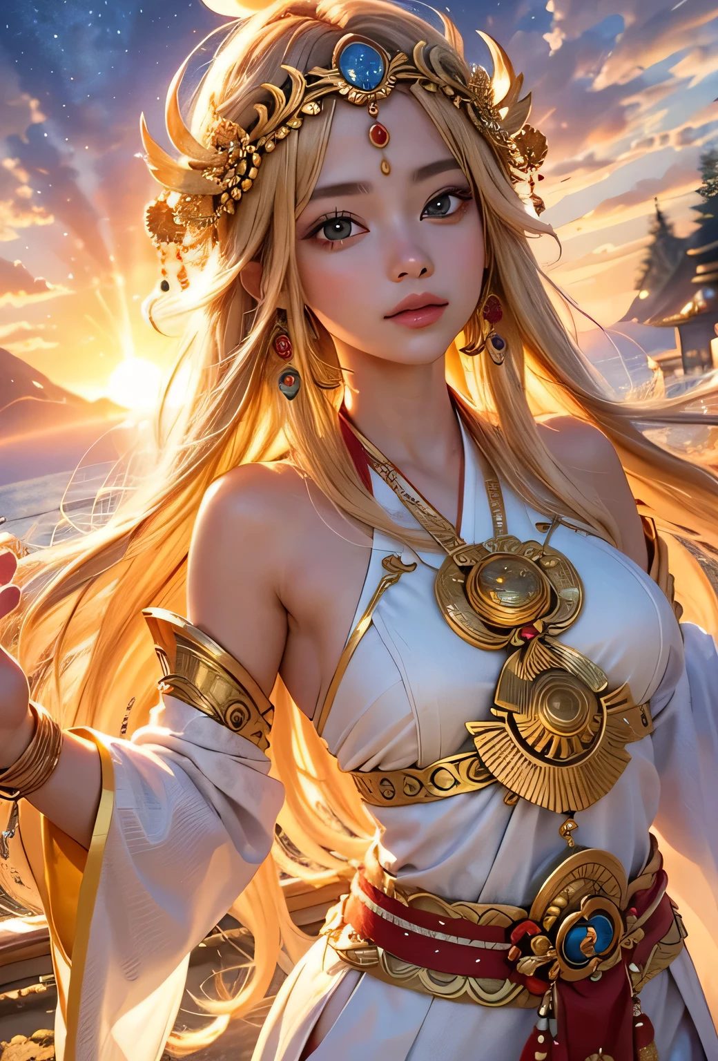"Child of the Sun, Goddess of Love": Within a sacred sanctuary bathed in sunlight, depict the figure of a sun goddess who governs love, facing forward and emanating divine radiance. She is a , around 3 years old. Zoom in to focus on her face, with a gleaming orb of light in her hands, representing the life-giving power of the sun. Her hair is shimmering gold, and she is wearing a traditional miko outfit as seen in Japanese shrines. The background should be predominantly gold, evoking a sense of divine splendor, with numerous heart-themed objects expressing the beauty of love. The setting is in heaven, enveloped in soft, bright light, where one can find tranquility and peace of mind, free from any trace of anxiety.Straight-on.