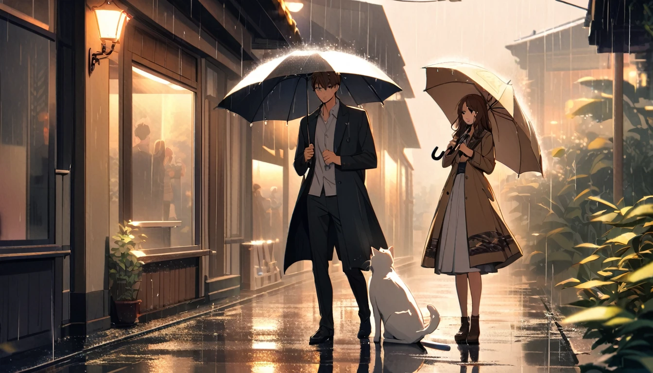 1 couple,brown long hair girl,man with brown hair,Standing with an umbrella when it rains,There is 1 white cat.,long night