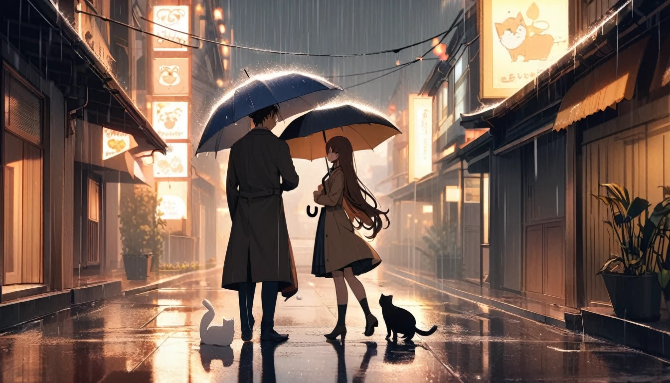 1 couple,brown long hair girl,man with brown hair,Standing with an umbrella when it rains,There is 1 white cat.,long night