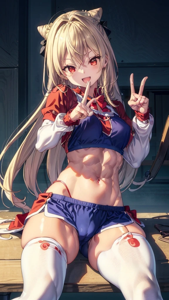 (((1 girl))), when he plows, (Red eyes: 1.5), blond hair, (blond hair: 1.1), by the wide, conical bun, hair ornament, hair shots, He drowned, Stripe, blue bow tie, (tight red workout top and shorts, ((red tight top and shorts)), white thighs, white thigh highs), has, (muscular belly), well muscled abs, Wide hips, Thin waist, small breastentada making a peace sign with both hands happy))), wearing black heels, (((making a peace sign with both hands))), {{sitting spreading her legs showing her pussy squeezethe shorts}}, ((showing tight pussy by short)), ll body photo}}}, smile, happy, with eyes closed, smiling at viewer with open mouth, REST looking at the viewer , breaking and entering, sitting on a bench in a gym, {sitting on a bench in the gym}, interval (masterpiece: 1.2), Best Quality, highest resolution, unity wallpaper 8k, (illustration: 0.8), (beautiful detailed eyes: 1.6), extremely detailed face, perfect lighting, Extremely detailed CG, (perfect anatomy), {anatomically correct}, {{perfect hands, (correct hands)}.
