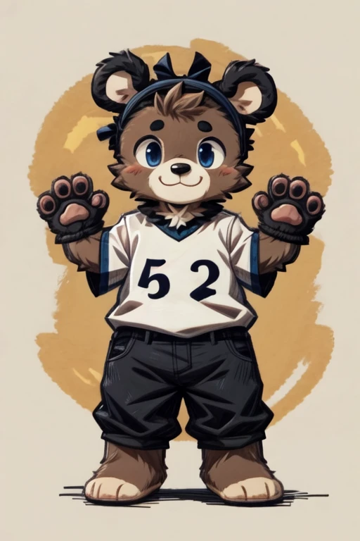 score_9, score_8_up, score_7_up, with Short sleeves , fake animal ears, animal ears, bear ears, paw gloves, bear paws, paw pose, smile, standing, simple background