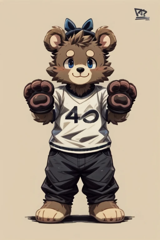 score_9, score_8_up, score_7_up, with Short sleeves , fake animal ears, animal ears, bear ears, paw gloves, bear paws, paw pose, smile, standing, simple background