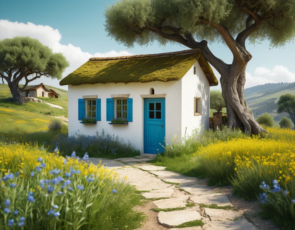 medium shot close up of a cozy and whimsical small white shack with blue window and door, with a cozy covered porch, in the countryside shaded by an olive tree with a brown roof, windowsill decoraed with small potted plant, the house is behind a worn wire fence with a rustic cracked wooden gate and a dirt path, cracked and half covered with gravel and grass at the ends along a high grassy ravine and dotted with yellow wildflowers, tall green meadow in the background, cinematic, midday, fantasy house, cinematic, extremely detailed, stylized 3d render, stylized 3d render, beautiful fairytale render, amazing, rustic architecture, beautiful 3d render, hyper maximalism, vray tracing, octane render, hdr, 32k