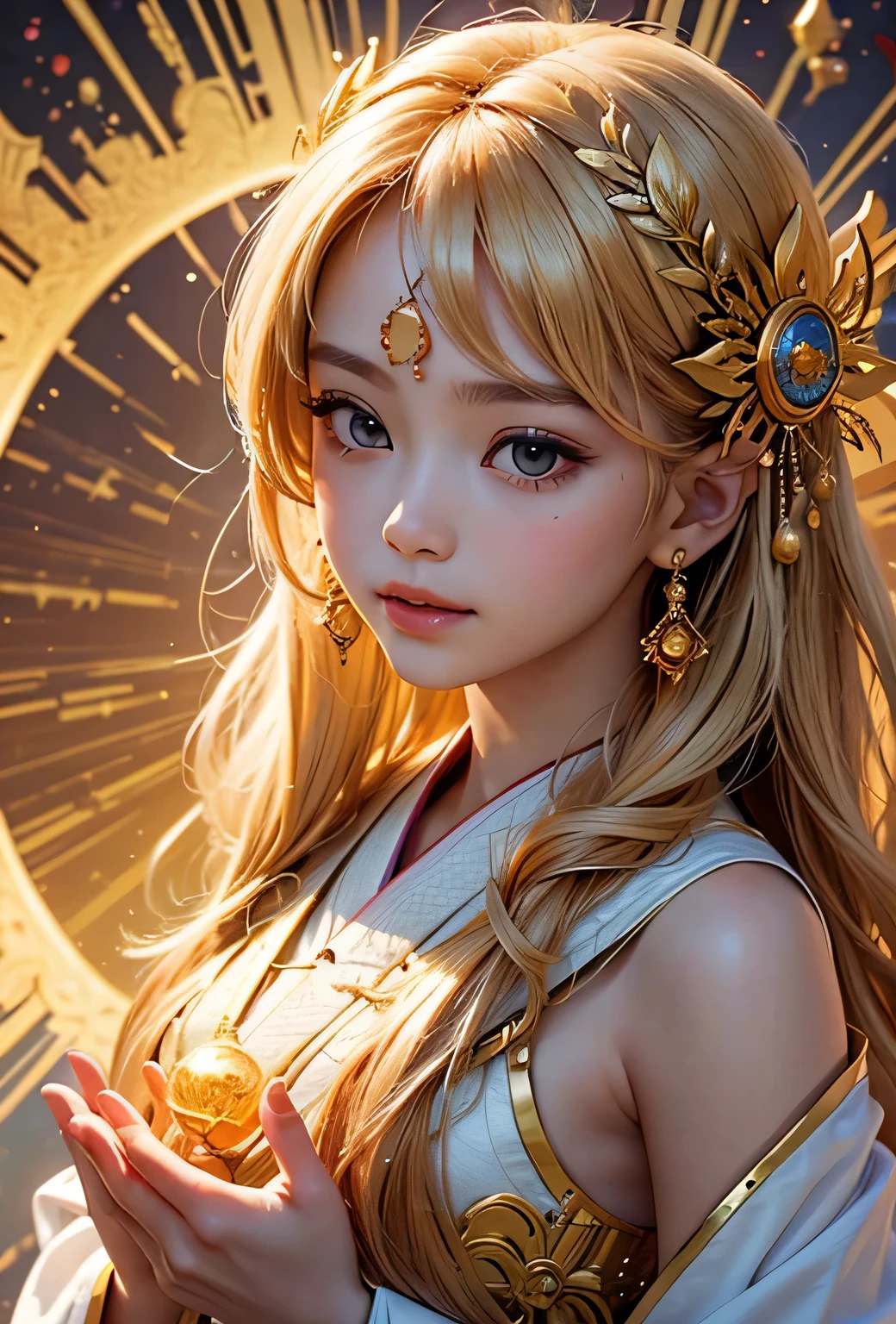 "Child of the Sun, Goddess of Love": Within a sacred sanctuary bathed in sunlight, depict the figure of a sun goddess who governs love, facing forward and emanating divine radiance. She is a , around 3 years old. Zoom in to focus on her face, with a gleaming orb of light in her hands, representing the life-giving power of the sun. Her hair is shimmering gold, and she is wearing a traditional miko outfit as seen in Japanese shrines. The background should be predominantly gold, evoking a sense of divine splendor, with numerous heart-themed objects expressing the beauty of love. The setting is in heaven, enveloped in soft, bright light, where one can find tranquility and peace of mind, free from any trace of anxiety.Straight-on.
preparing