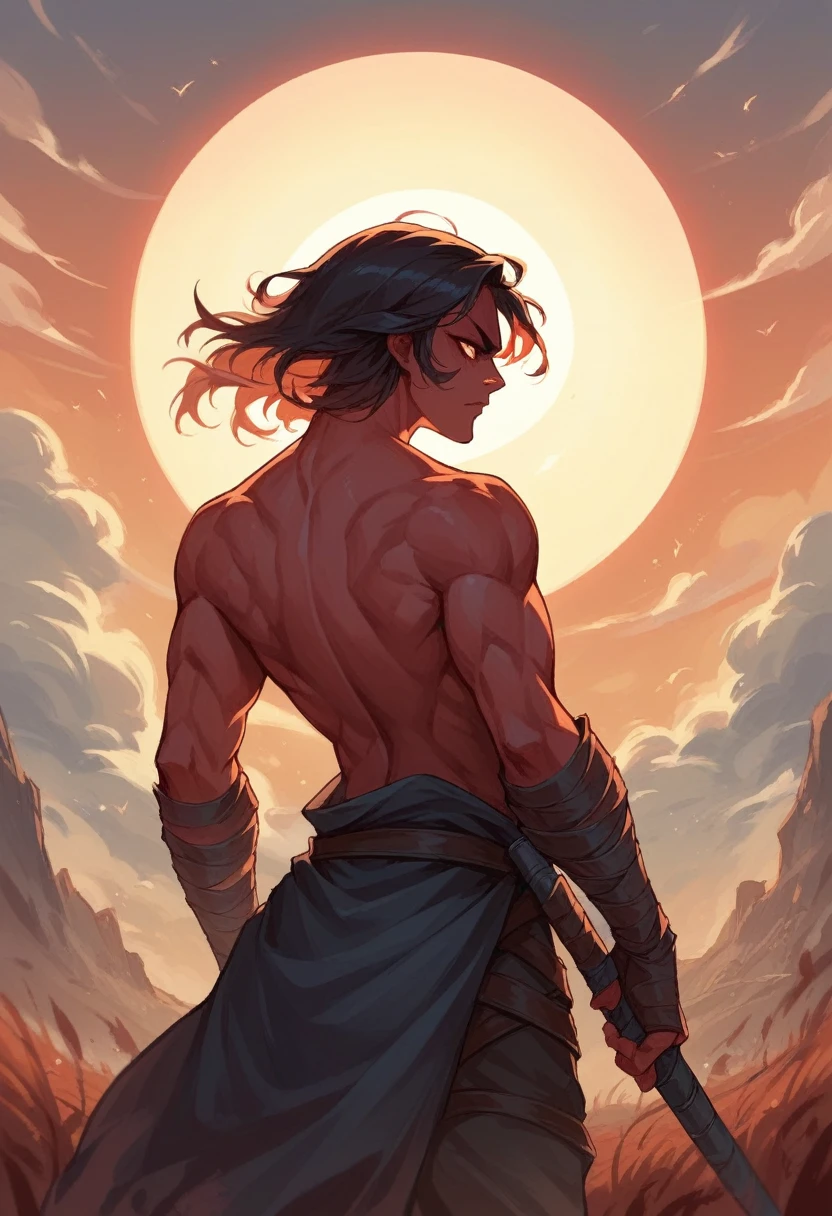 Back view of an assassin woman on a battle field covered by corpses. The sky is colored by a red sun set