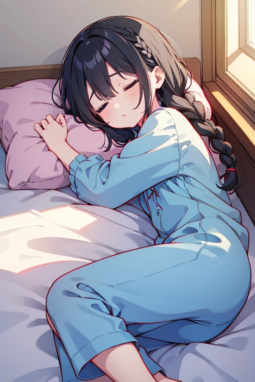 Sleeping on the bed、Girl with black braided hair、In pajamaorning sun shining through the window、Still sleepy、An ennui look