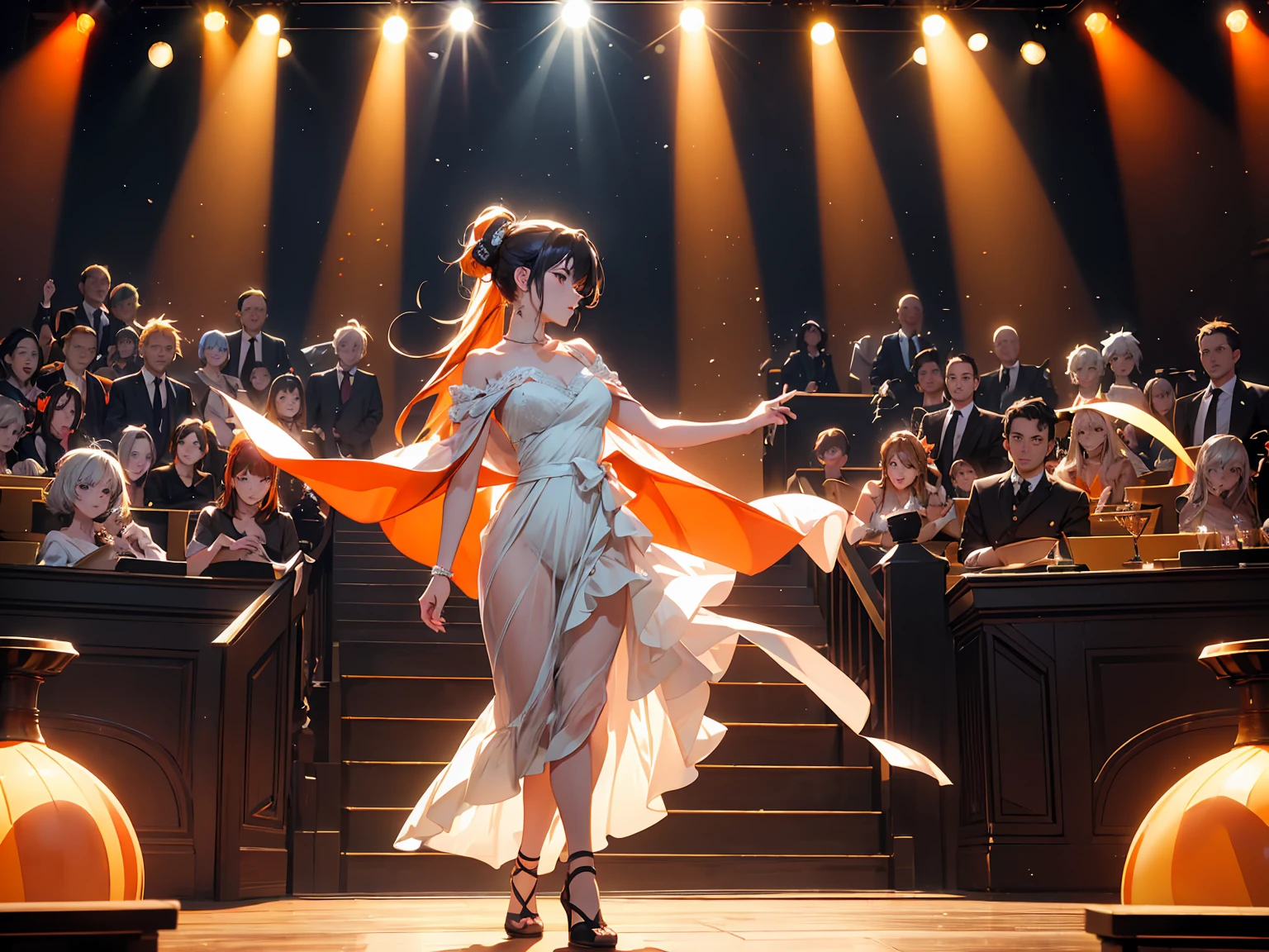 8k、masterpiece, Highest quality, Ultra-high resolution, Highest Resolution, Professional Lighting, Orange lighting、(((Anime-style depiction)))、Backlight、(((Dark Stage)))、Jazz performance stage、Spotlight、Antique lighting、indoor、Dim lighting、Fantastic space、Nobody is here