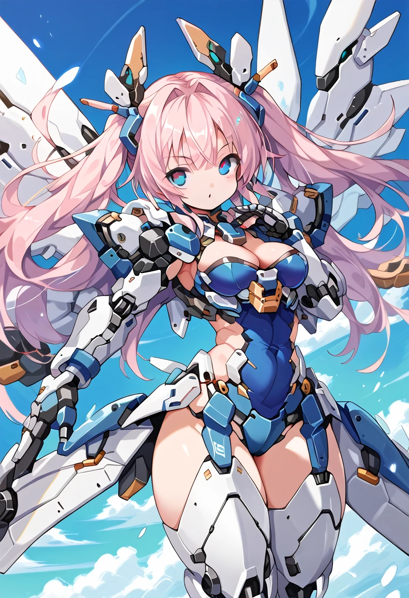 score_9, score_8_up, score_7_up, source_anime,masterpiece, best quality, high resolution, extremely detailed CG, absurdres, highres, a mecha girl with huge mecha_wings and lighted up hair flying in the sky, 1girl, solo, cleavage, thighs, looking at viewer, mecha musume,neondskdrmsxl