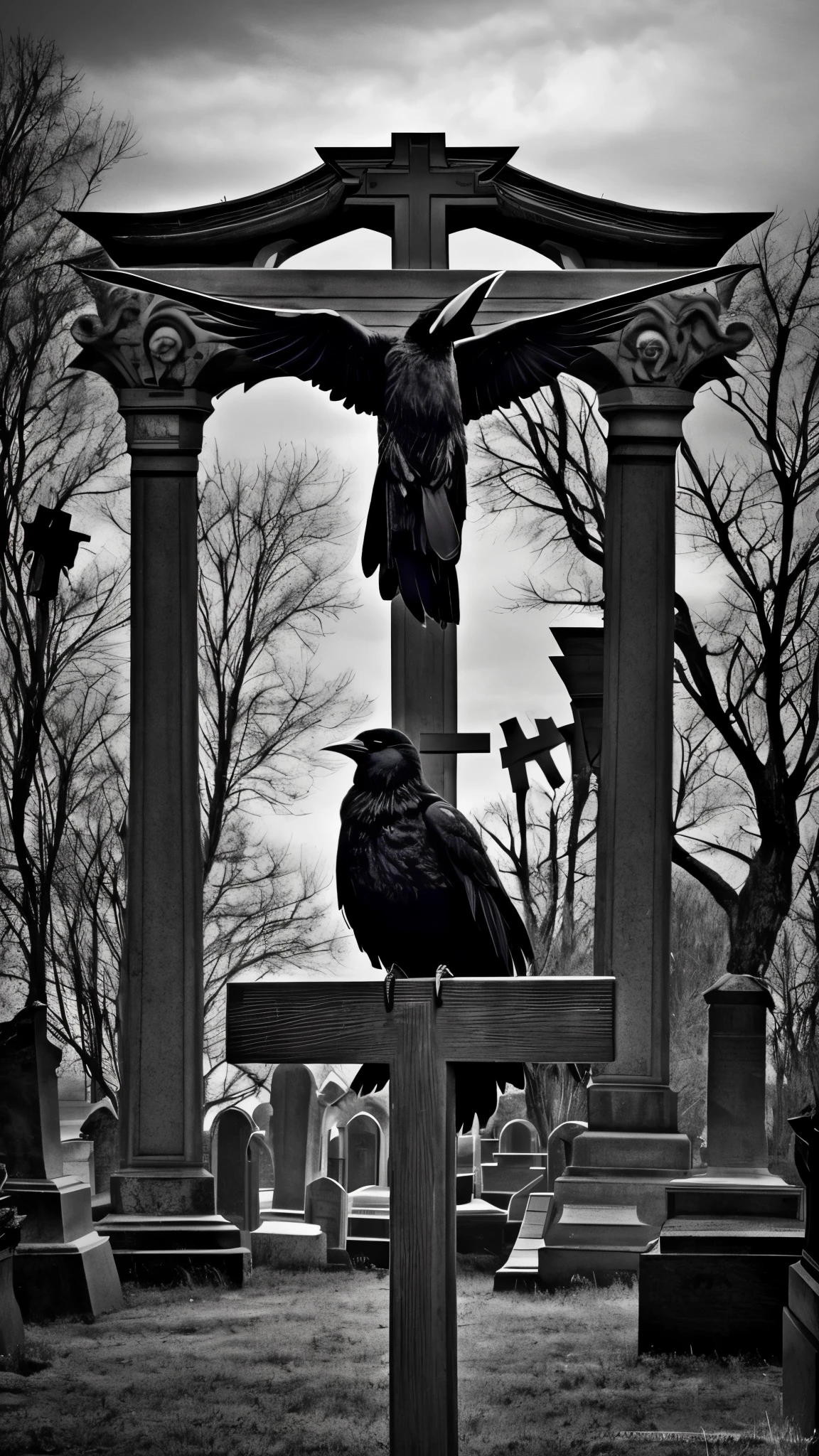 arafed crow sitting on a cross in a cemetery, crows as a symbol of death, ominous gothic aesthetic, dark crow, gothic!!, by Gonzalo Endara Crow, dark and gothic, crows, gothic style, gothic aesthetic, in the middle of a graveyard, crows beautiful, gothic art style, inspired by Gonzalo Endara Crow, grungy gothic