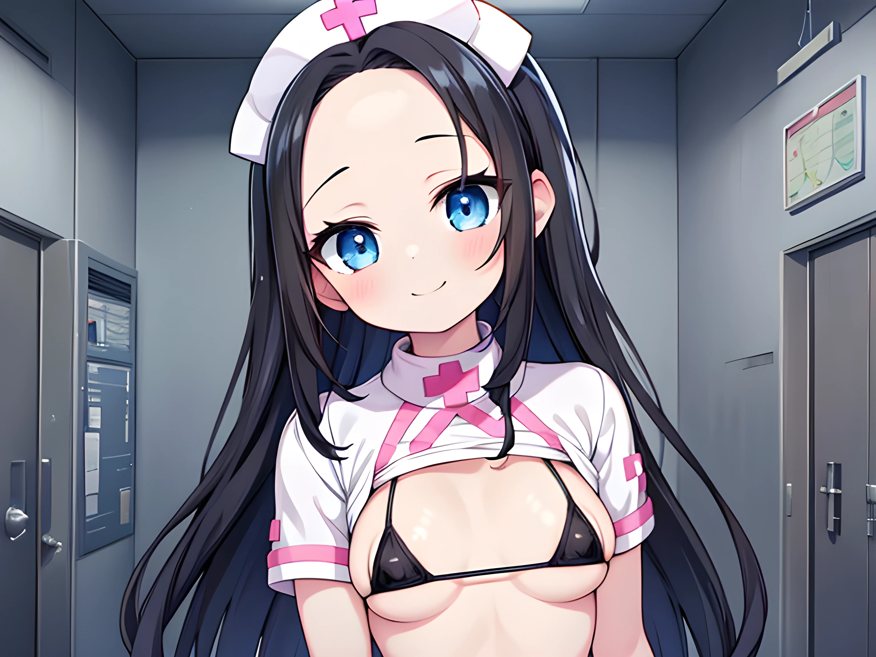 score_9, score_8_up, score_7_up,source_anime,masterpiece,beautiful eyes,textile shading, custics,extremely detailed CG, shiny skin,
(10yo:1.2),,cute, black hair, forehead,hair ornament,long hair,blue eyes,smile
(nurse micro bikini:1.4),nurse,thermometer,measure fever