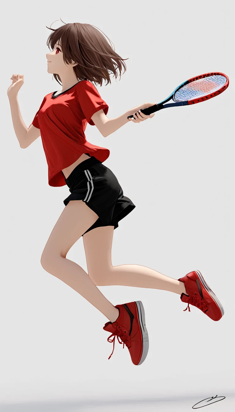 1girl， 独奏， smile， short_hair， simple_background， brown_hair， shirt， white_background， holding， full_body， short_sleeves， shoes， shorts， signature， profile， black_shorts， red_footwear， red_shirt， sneakers， jumping， racket，C4D Rendering，OC Rendering,Clarity Enhancement,Extremely high resolution