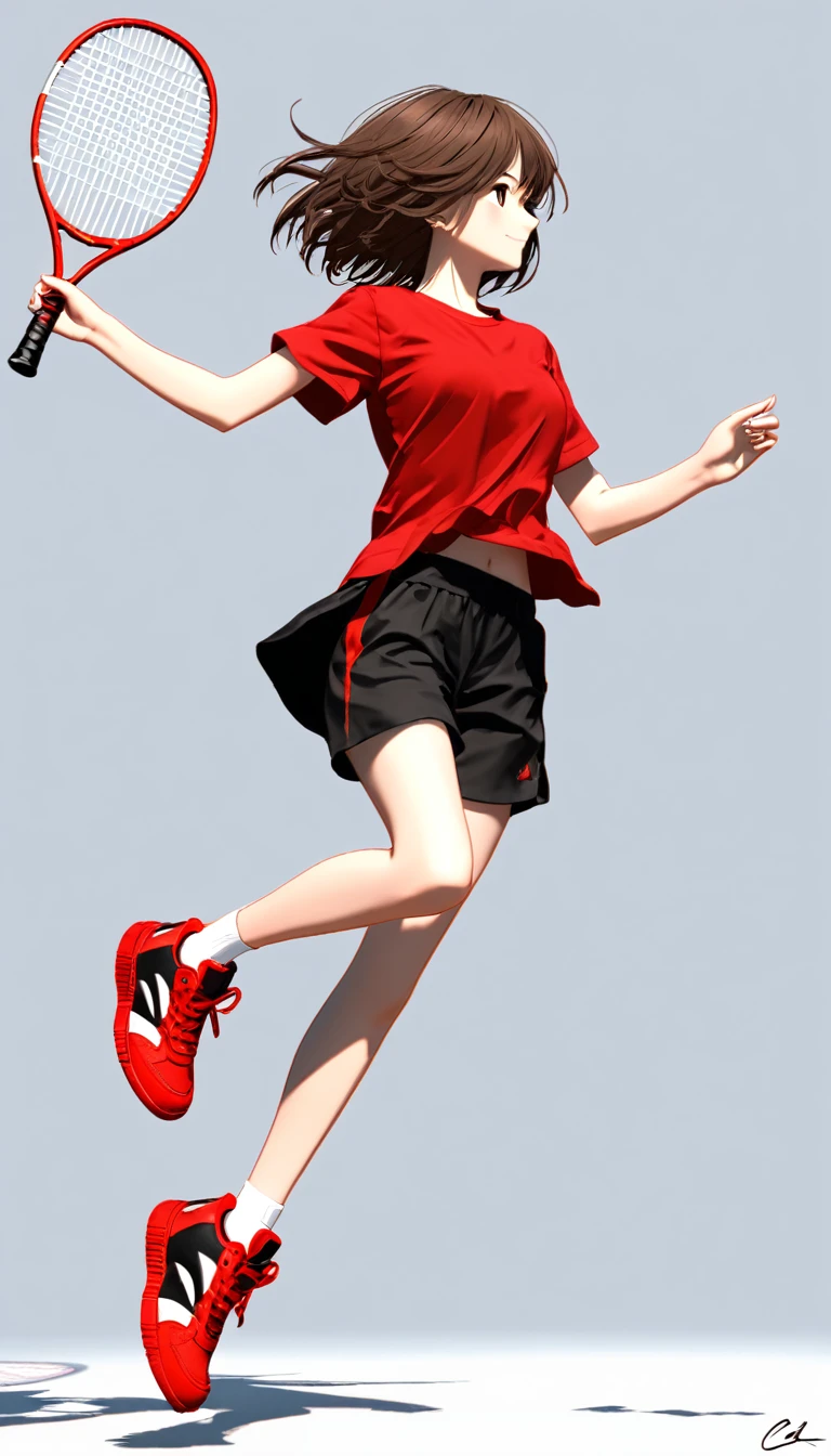 1girl， 独奏， smile， short_hair， simple_background， brown_hair， shirt， white_background， holding， full_body， short_sleeves， shoes， shorts， signature， profile， black_shorts， red_footwear， red_shirt， sneakers， jumping， racket，C4D Rendering，OC Rendering,Clarity Enhancement,Extremely high resolution