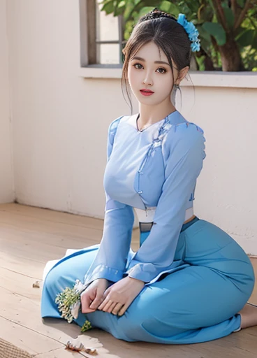 photorealistic, high resolution, masterpiec e best quality ultra-detailed, 1women. (m edium breast), hair bun, jesmine flower o n the head, mature female, solo, hips up, (wearing acmmsayarma outfit, acmmsaya rma ( 💙 top ) with buttons, long sleeves), ((acmmsayarma 💙 long skirt)
