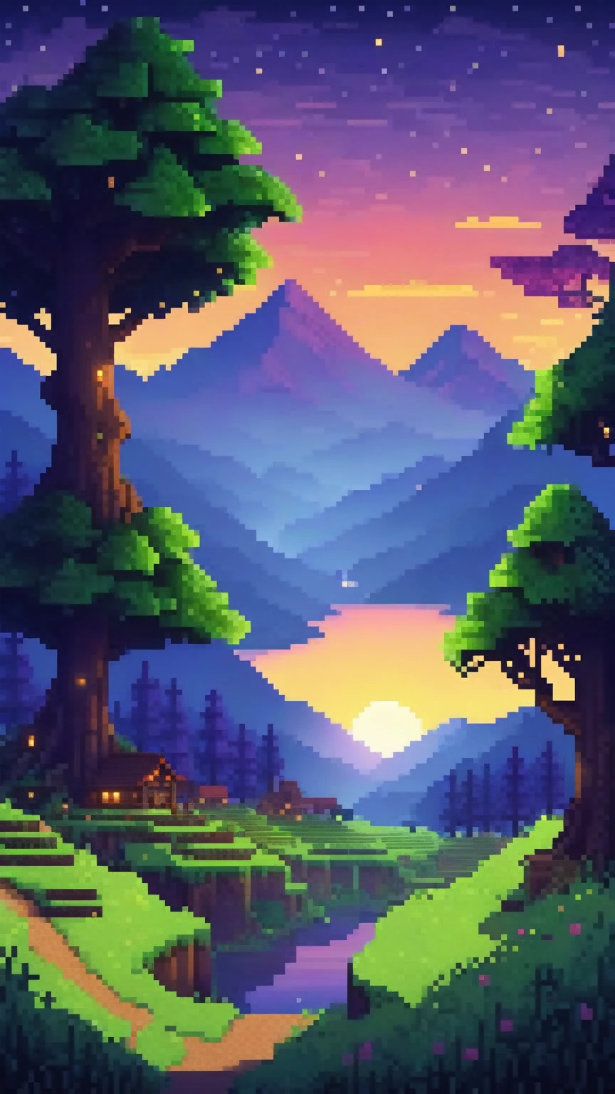 mountains, big magical trees, evening, twilight, sunset, fireflies, epic, mystical, pixel style like minecraft and stardew valley
