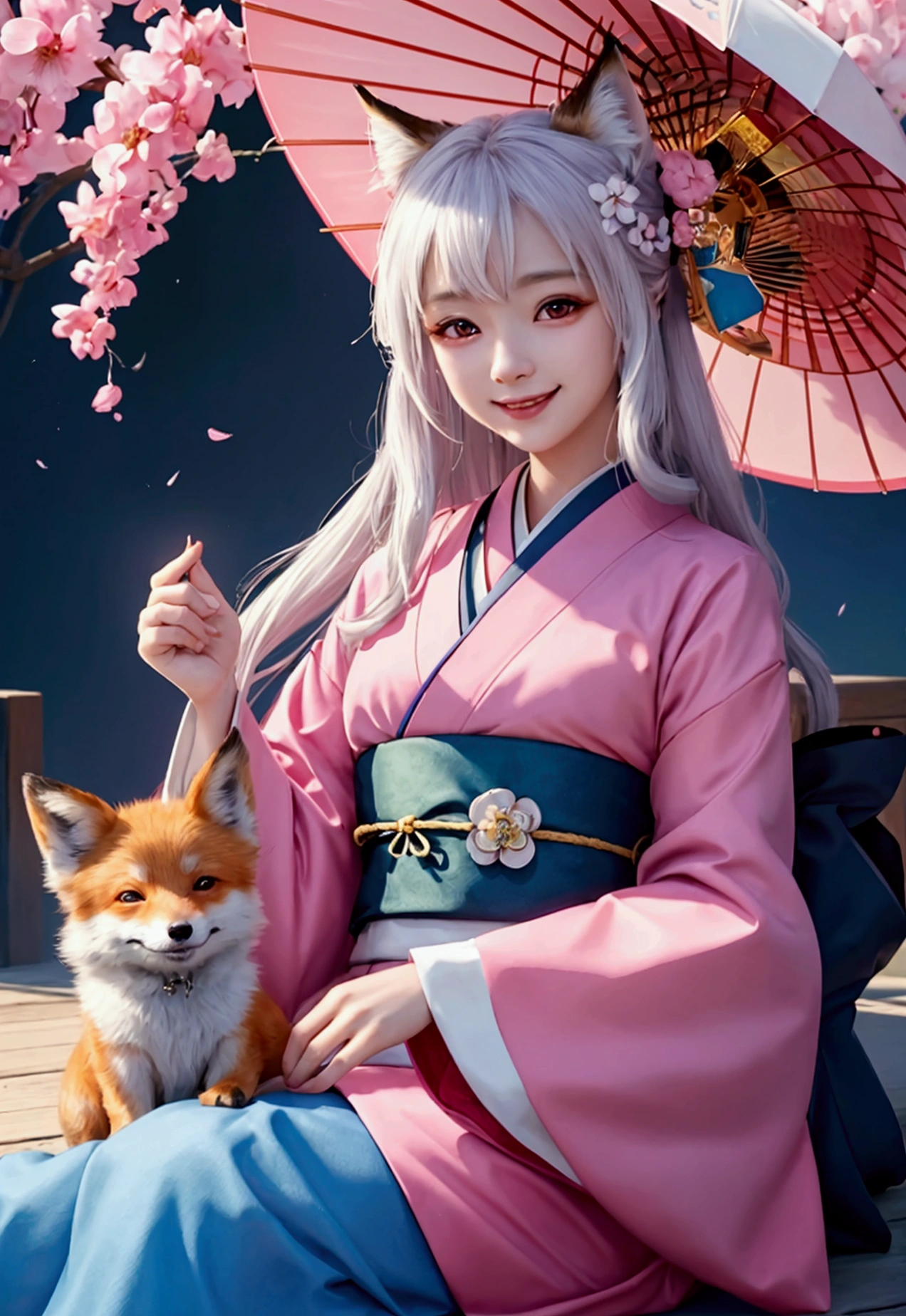 A woman in a kimono is holding a small dog,One girl,alone, Official art of a happy smiling face, unity 8k wallpaper, Super detailed, beautiful and aesthetic, beautiful, masterpiece, Highest quality, Fox Witch, kitsune mask, Pink and white haori, Foxfire spells, Foxes are familiar, conversion,Depth of written boundary