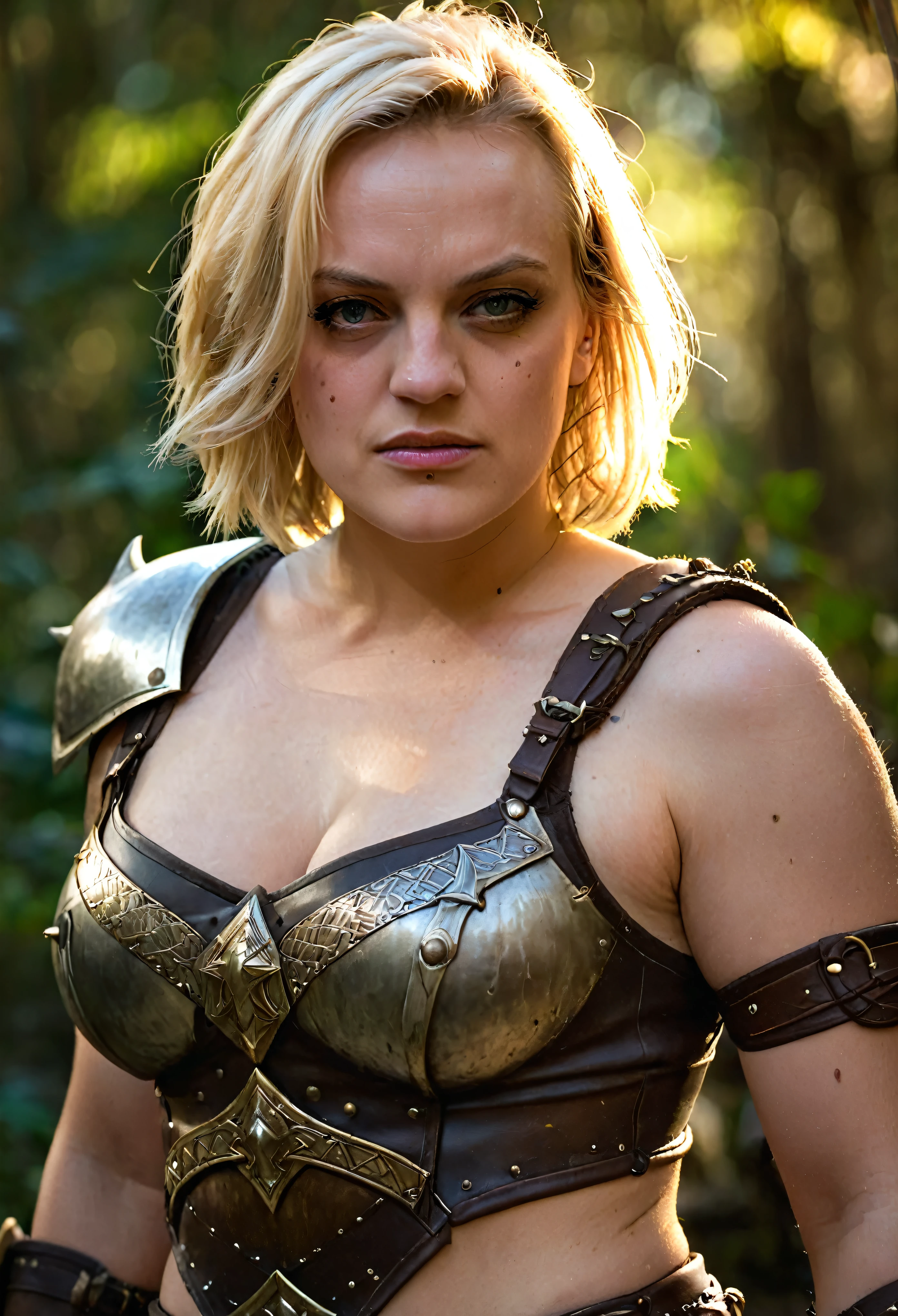Looks like Elisabeth Moss, stunning beauty, A beautiful barbarian woman, blonde hair, punk hair, sword and sorcery, skimpy armour, high detail face, high detail skin, muscle definition, high resolution, photo-realistic, cinematic lighting, depth of field, bokeh, sexiest warrior beauty, 