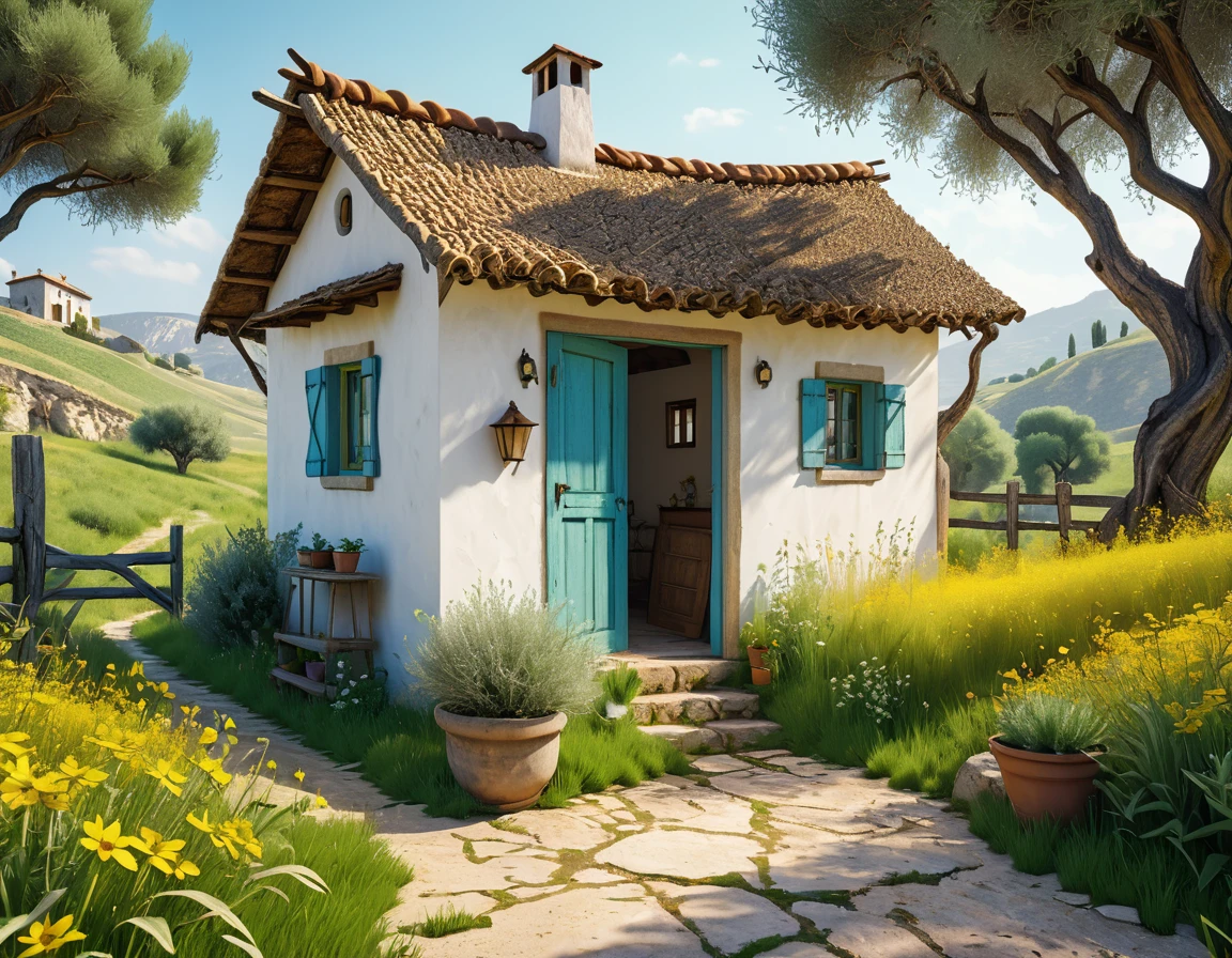 medium shot close up of a cozy and whimsical small white shack with a cozy covered porch, in the countryside shaded by an olive tree with a brown roof, with blue window and door, windowsill decoraed with small potted plant, the house is behind a worn wire fence with a rustic cracked wooden gate and a dirt path, cracked and half covered with gravel and grass at the ends along a high grassy ravine and dotted with yellow wildflowers, tall green meadow in the background, cinematic, midday, fantasy house, cinematic, extremely detailed, stylized 3d render, stylized 3d render, beautiful fairytale render, amazing, rustic architecture, beautiful 3d render, hyper maximalism, vray tracing, octane render, hdr, 32k