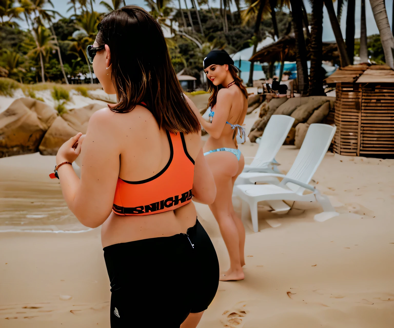 there are two women in the water at the beach, wearing two - piece swimsuit, is wearing a swimsuit, seen from the back, wearing spandex bikini, long shot from the back, other women dancing behind, uhd candid photo of dirty, skinny waist and thick hips, shot from the back, vacation photo, shapely derriere, from the back