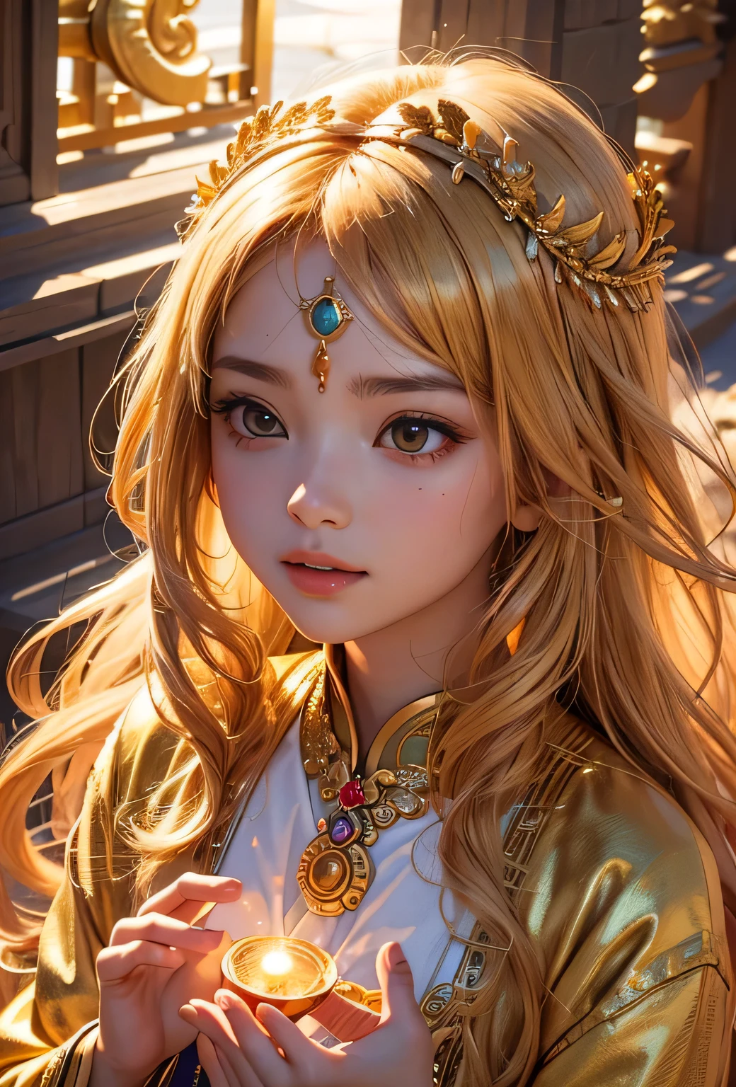 "Child of the Sun, Goddess of Love": Within a sacred sanctuary bathed in sunlight, depict the figure of a sun goddess who governs love, facing forward and emanating divine radiance. She is a , around 3 years old. Zoom in to focus on her face, with a gleaming orb of light in her hands, representing the life-giving power of the sun. Her hair is shimmering gold, and she is wearing a traditional miko outfit as seen in Japanese shrines. The background should be predominantly gold, evoking a sense of divine splendor, with numerous heart-themed objects expressing the beauty of love. The setting is in heaven, enveloped in soft, bright light, where one can find tranquility and peace of mind, free from any trace of anxiety.Straight-on.