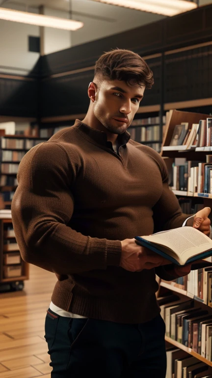 (a man:1.1) holding a (thick)A Man Holding a Thick science Book in the book library,((Hight Quality))  (book library), ((best quality,4k,8k,highres,].