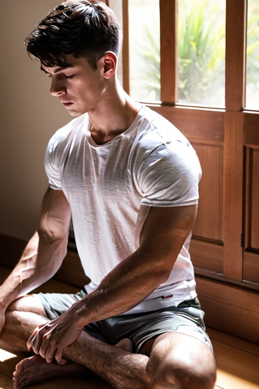Boy 23 years old, big muscle, t-shirt, méditation, calme et serein, closed eyes