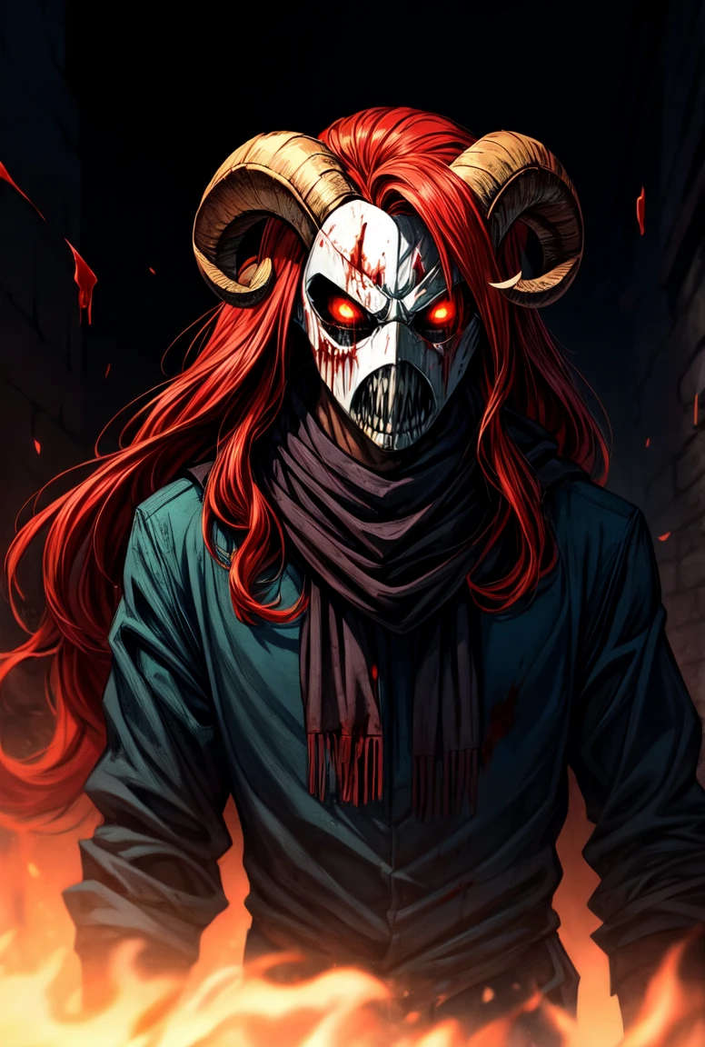 Vivid, high-contrast horror portrait of a WHITE masked demon, (demon), ((scary white mask)), white mask, (horrifying,shocking),blood-spattered male demon covered in blood,long flowing wavy red hair, ram curved horns, ,dramatic lighting,gritty and intense,horror portrait,violent,splattered blood,dark and haunting background, terrifying aura, macabre, slavic black full clothes, medieval scarf, under a dramatic, gritty lighting