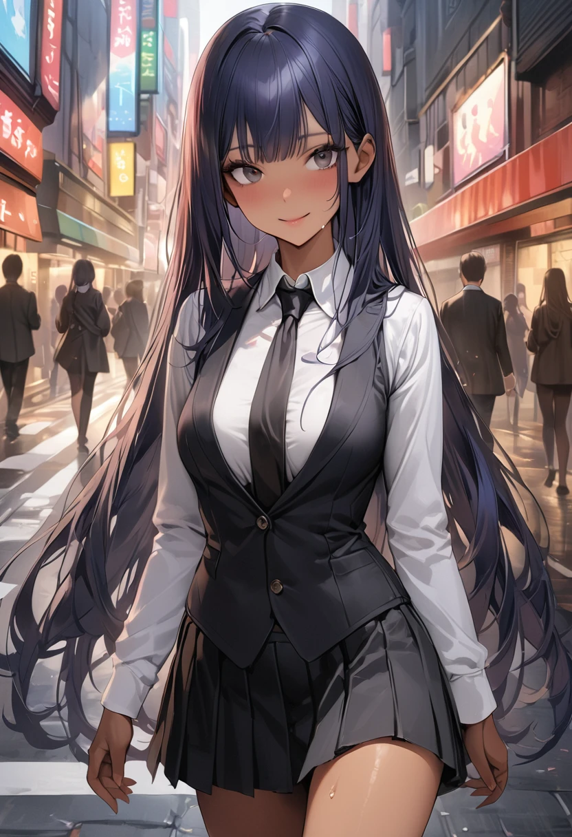 ((masterpiece,Highest quality:1.3,best quality illustration)),realistic,cowboy shot,1woman,(20 year old beauty),((very small head:1.4)),ideal ratio body proportions,dark blue hair,straight long hair,bangs,black eyes,gorgeous big eyes,smile、((tan skin,skinny)),(Black vest、Black tie、White collared shirt、Long sleeve、Black pleated mini skirt)),medium breasts,gleaming skin,slender body,sweat,walk,on street,Shinjuku、Tokyo、