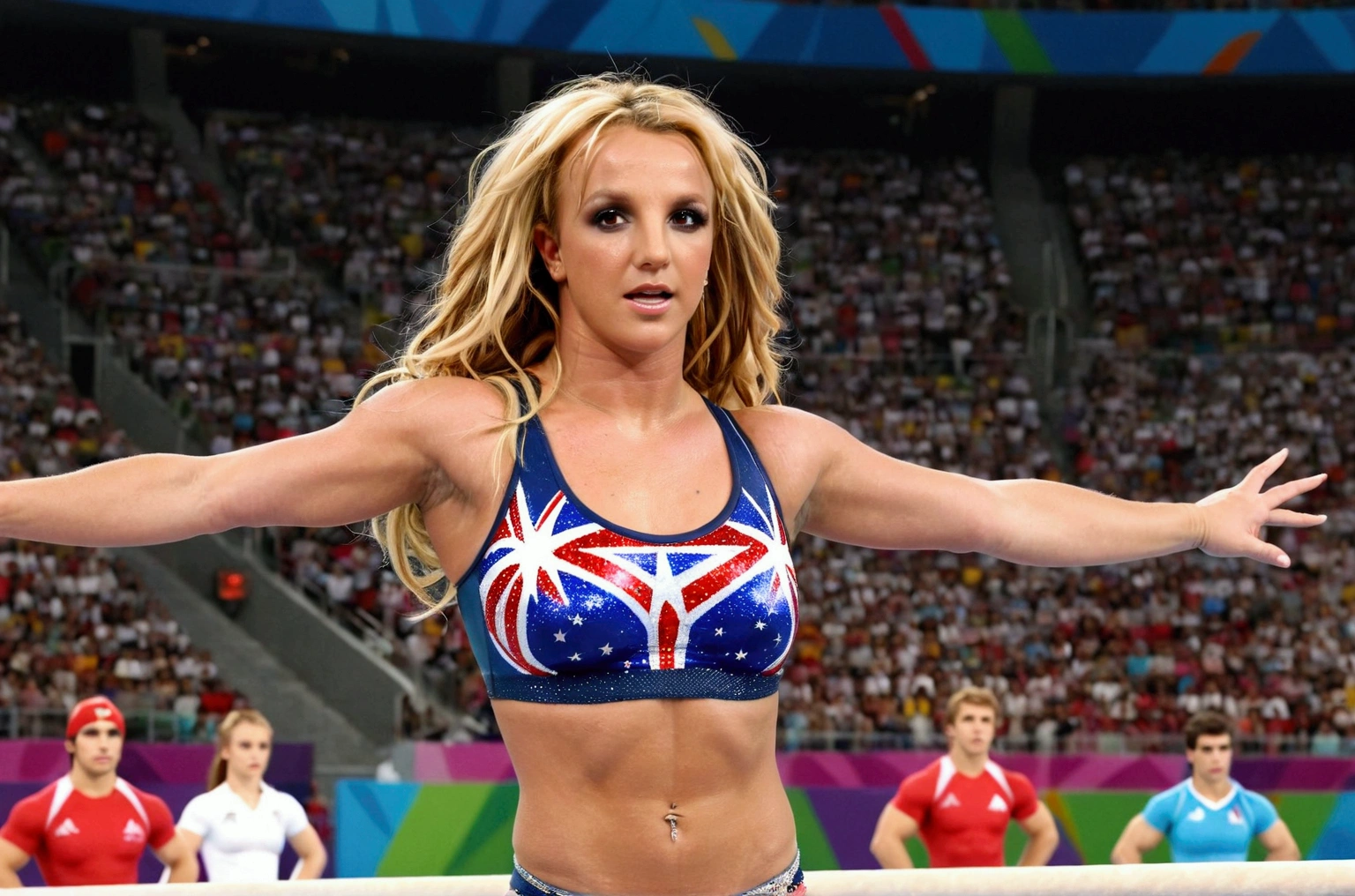 (Sexy),Britney Spears, gymnastics in the Olympic games, midriff, Olympic games, detailed background, Realistic, Movie Still, best quality, masterpiece, very sexy aesthetic, lovely hair, perfect composition, intricate details, ultra-detailed,