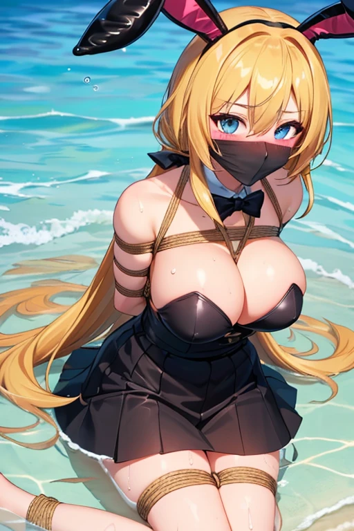 2 girls, (detailed blue eyes, lange wimpern, detailed beautiful face:1.1), 4k quality, twintails, Haare Seiten nach oben, (Long blonde hair:1.4), (arms behind back:1.3), (big breasts:1.5), Red rope, (blushing:1.3), erina nakiri, long hair, orange hair, hair between eyes, (black skirt, black Bunny girl outfit, 17 jears old:1.4), (bondage:1.3), erhobene Augenbrauen, pralle Brüste, OTN, Gag, gagged, (laying in water:1.5), wet, (near a Public beach with many people:1.5), wet clothes
