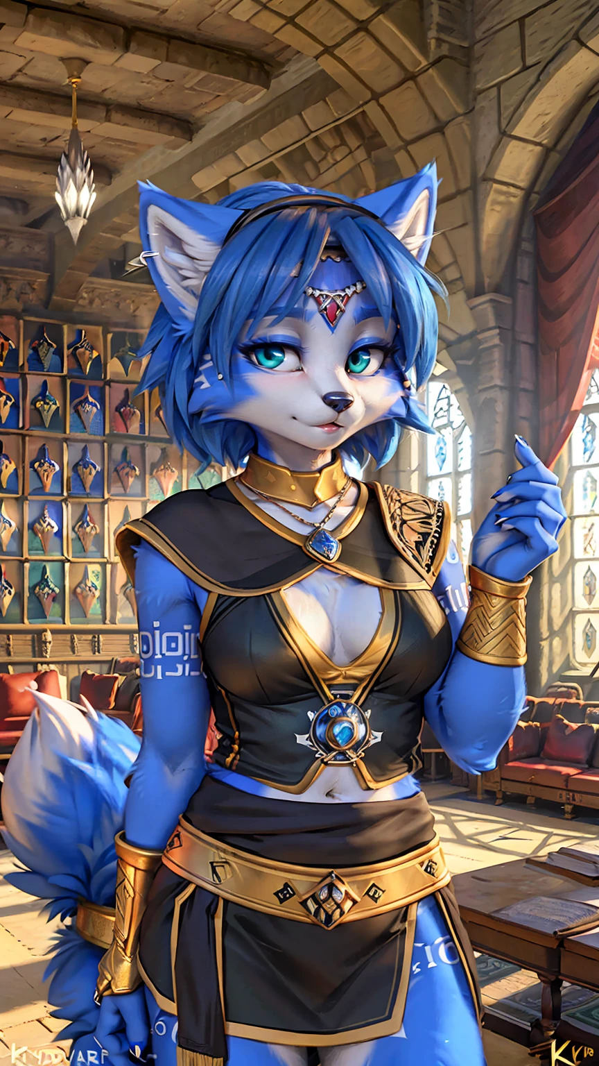 A beautiful and detailed picture of ((krystal)), Star Fox krystal,  green eyes, medium breasts, (((Long blue hair 1.3))),  anthro, furry, (von Fluff-Kevlar, Bayard Wu, personalize me, Pino Daeni),  detailed fluffy fur, detailed face, (fluffy), 1 girl, alone, hair cover one eye:1.4, wears tribal clothing with leather armor, wears tribal top with leather armor, ((in the common room of griffondoor at hogwarts:1.4)), ignores the viewer