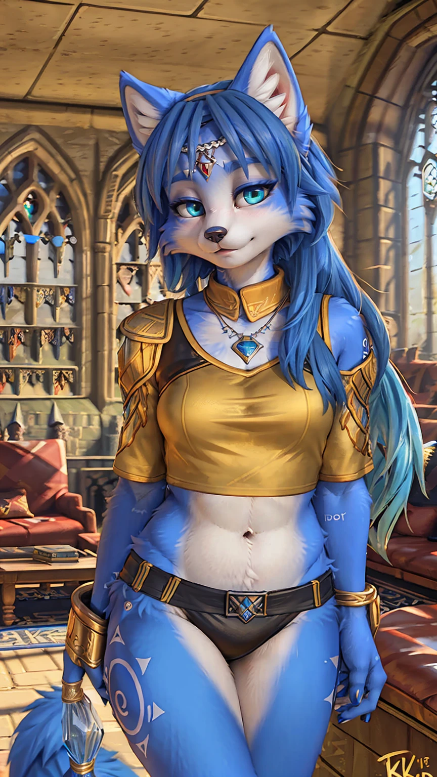 A beautiful and detailed picture of ((krystal)), Star Fox krystal,  green eyes, medium breasts, (((Long blue hair 1.3))),  anthro, furry, (von Fluff-Kevlar, Bayard Wu, personalize me, Pino Daeni),  detailed fluffy fur, detailed face, (fluffy), 1 girl, alone, hair cover one eye:1.4, wears tribal clothing with leather armor, wears tribal top with leather armor, ((in the common room of griffondoor at hogwarts:1.4)), ignores the viewer