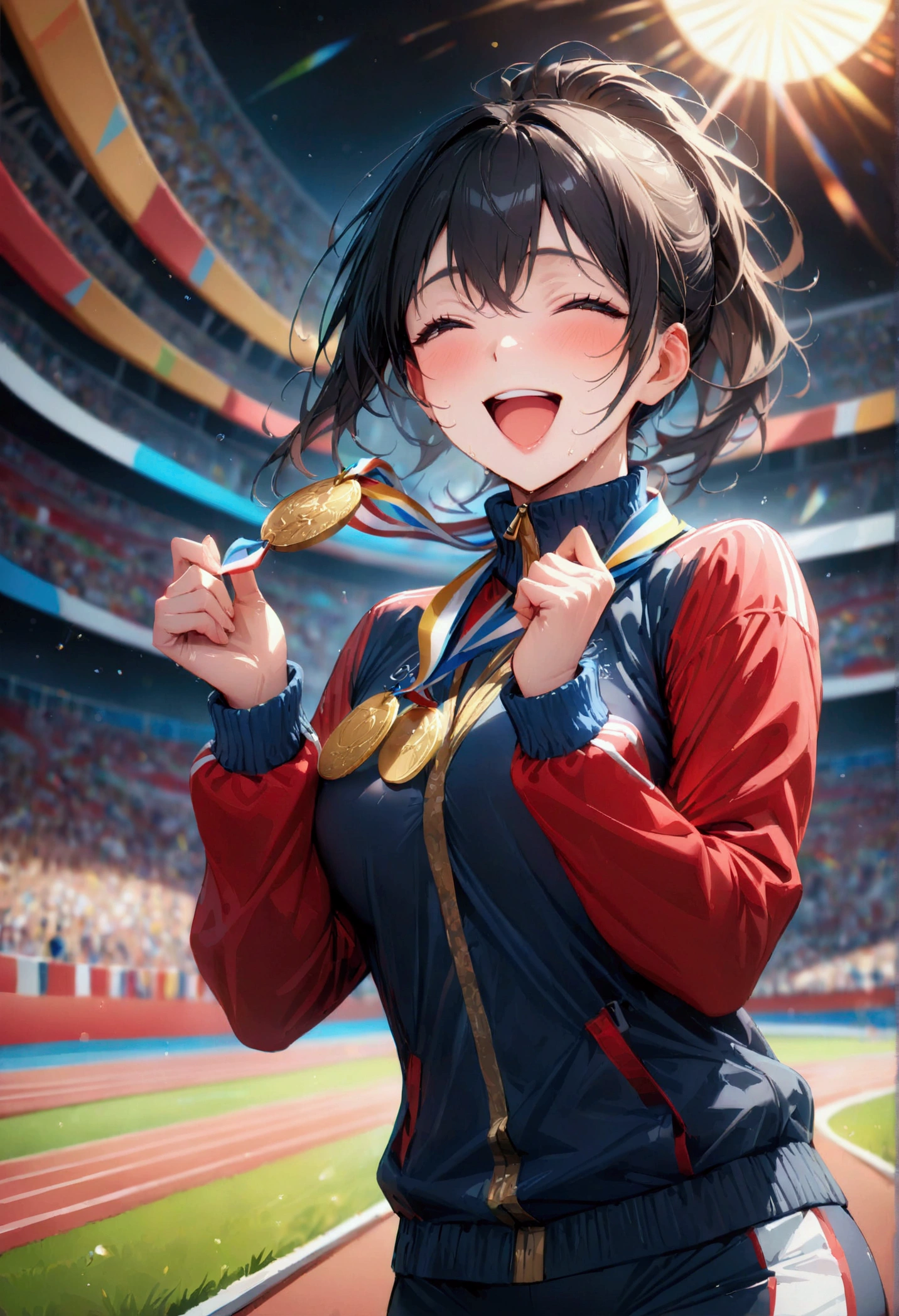 awards ceremony, gold medal worn around the neck, showing the gold medal, open mouth, happy, (masterpiece:1.2), best quality, high quality, Highres, (hyper detailed), Olympic, athlete, track suit,