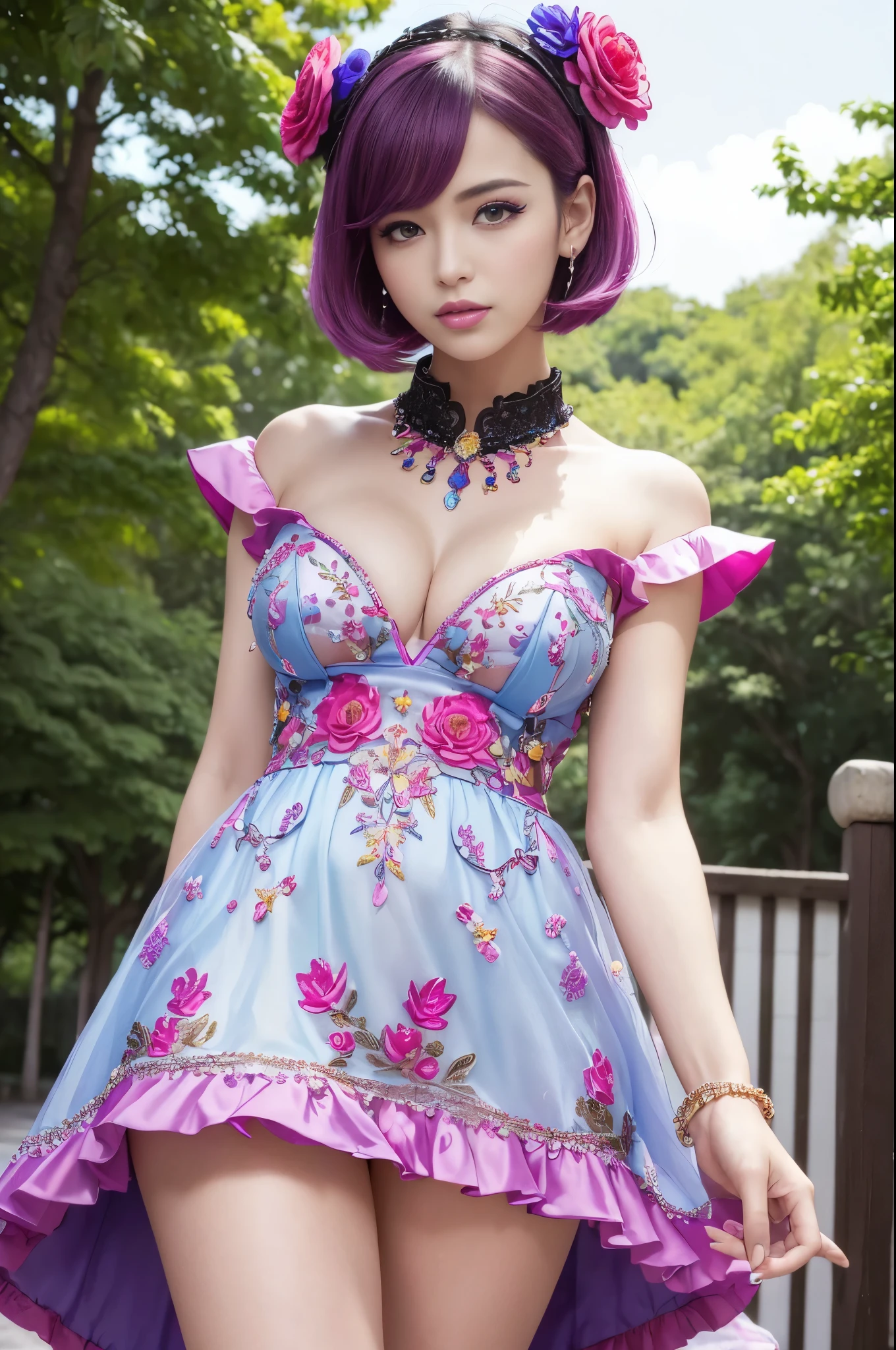 (masterpiece:1.4), (best quality:1.4), ultra high res, ultra high resolution, ((detailed facial features)), HDR, (realistic, photorealistic, photo-realistic:1.37), full body Esbian, y swedish model, (-anime), only 1 model, vivid colors, ((vivid colors multicolor (fuchsia, pink, light blue, purple) very short hair)), (seductive smile), lip-gloss, long lashes, defined eyebrows, wearing large sparkling colorful jewelery, wearing a red silk Paradise Kiss cosplay dress with black floral embroidery, ((vivid colors outfit)), vivid colors, look at the camera, cinematic light, large park background with trees, sweet and sexose