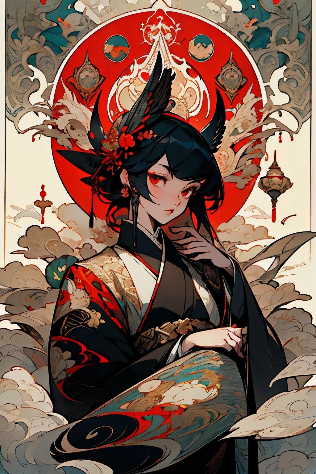 arafed image of a woman in a kimono dress and a black cape, poster art by Yang J, pixiv contest winner, gothic art, alphonse mucha and rossdraws, trending on artstation pixiv, a beautiful artwork illustration, alice x. zhang, [ trending on cgsociety ]!!, korean art nouveau anime, onmyoji detailed art