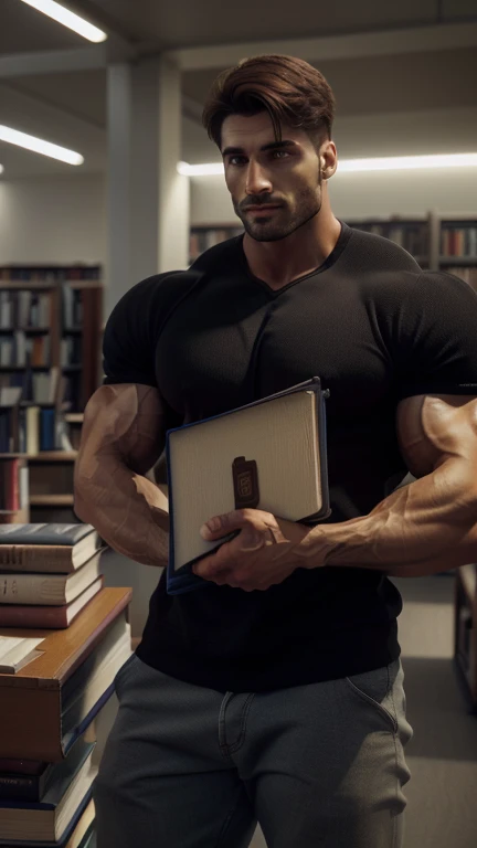 (a man:1.1) holding a (thick)A Man Holding a Thick science Book in the book library,((Hight Quality))  (book library), ((best quality,4k,8k,highres,].