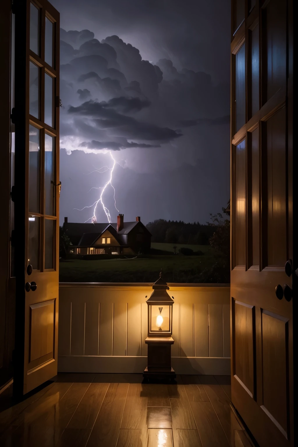 A cozy old house lit by lightning, with rain hitting the windows and thunder echoing in the background.