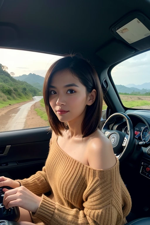 ((best quality)), ((masterpiece)), (detailed), 1girl, off-shoulder sweater, Close shot portrait, professional portrait photograph, Portrait of a young Indonesian husband and wife couple, woman with long flowing hair, wearing summer clothes, and handsome man with short undercut hair wearing trail clothes, adventure costume, driving an off-road jeep trail.A man was seen driving in the Jeep trail, The atmosphere of the muddy road, splashes of mud and the speed of the Jeep on the muddy road. Full HD Landscape Photography Results. Stunning panorama, with extreme and tropical natural weather