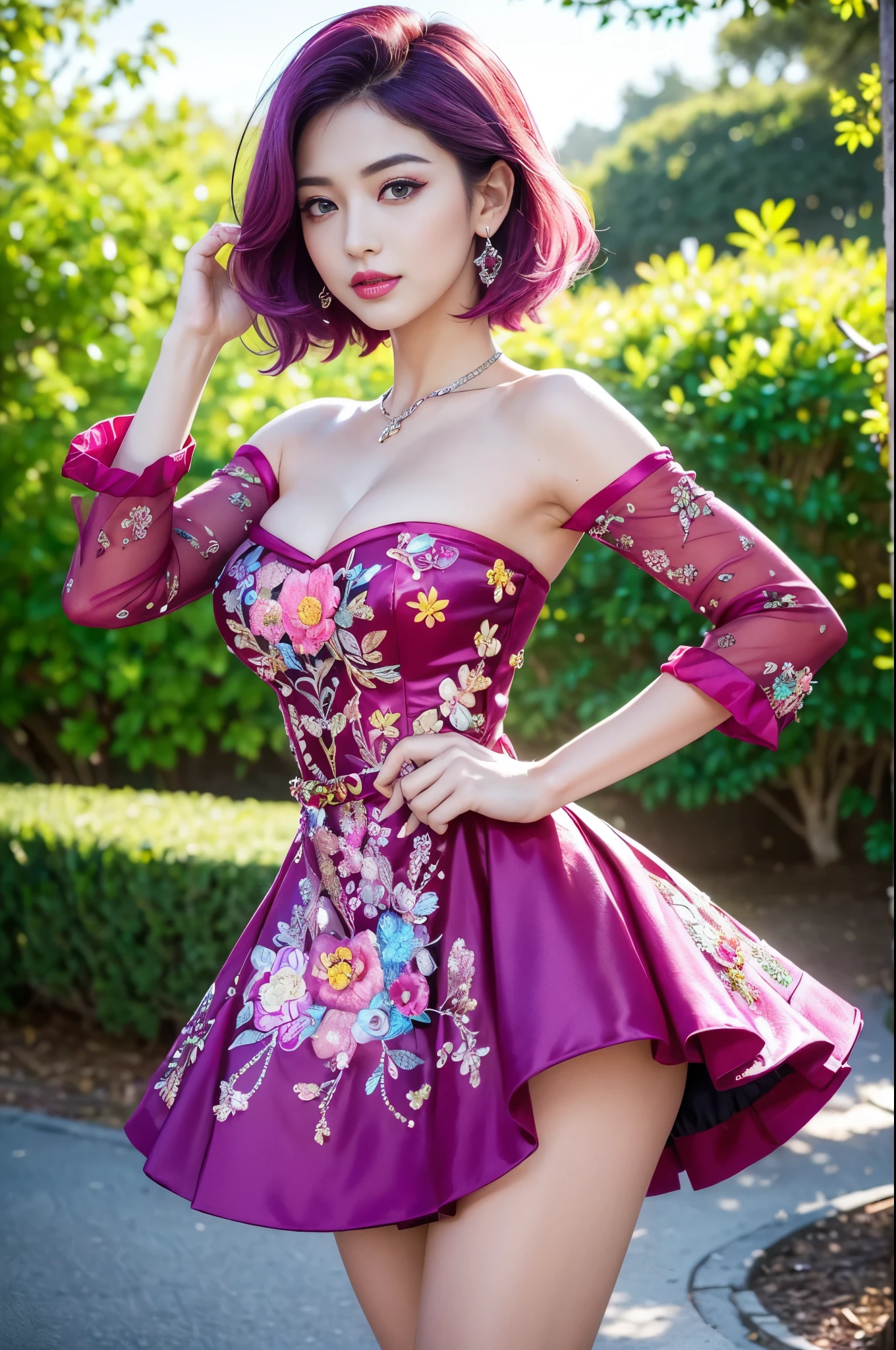 (masterpiece:1.4), (best quality:1.4), ultra high res, ultra high resolution, ((detailed facial features)), HDR, (realistic, photorealistic, photo-realistic:1.37), full body Esbian, sexy swedish model, (-anime), only 1 model, (vivid colors), ((vivid colors multicolor (fuchsia, pink, light purple) very short hair)), ((beautiful smile)), lip-gloss, long lashes, ultra detailed makeup, defined eyebrows, wearing large sparkling colorful jewelery, wearing a red silk Paradise Kiss cosplay dress with black floral embroidery, ((vivid colors outfit)), (vivid colors), look at the camera, cinematic light, large park background with trees, sweet and sexy pose