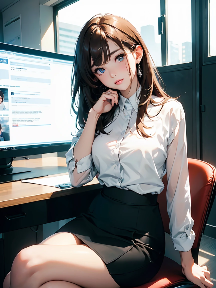 masterpiece、High resolution 8k、Browsing Caution、Sharp focus、Contrast lighting、Fine skin、Flying debris、 Highest quality、Ultra-high resolution、Ultra-high resolution、Detailed CG、stock exchange、Large office room、Lots of big monitors、Desk computer、transaction、document、stock、Chart Screen、Office Lady、Woman sitting on chair、open leg sitting pose,Panty Shot,Beautiful Eyes、(Detailed Faces and Faces:1 .2)、Narrow eyes、Almond Eye、Iris、Eye Gradation Eye Highlight:1.2)、(Light reddish brown hair、middle、Asymmetrical bangs)、(ID card、Shortage of office wear blazers、White dress shirt、Black Pencil Skirt、pumps)、(Fuller lips、gross、Glossy Lips、 size) 、(Oval Face : 1.4)、(Thin fingered arms、Detailed human hand)、Half-laugh、Teeth are visible
