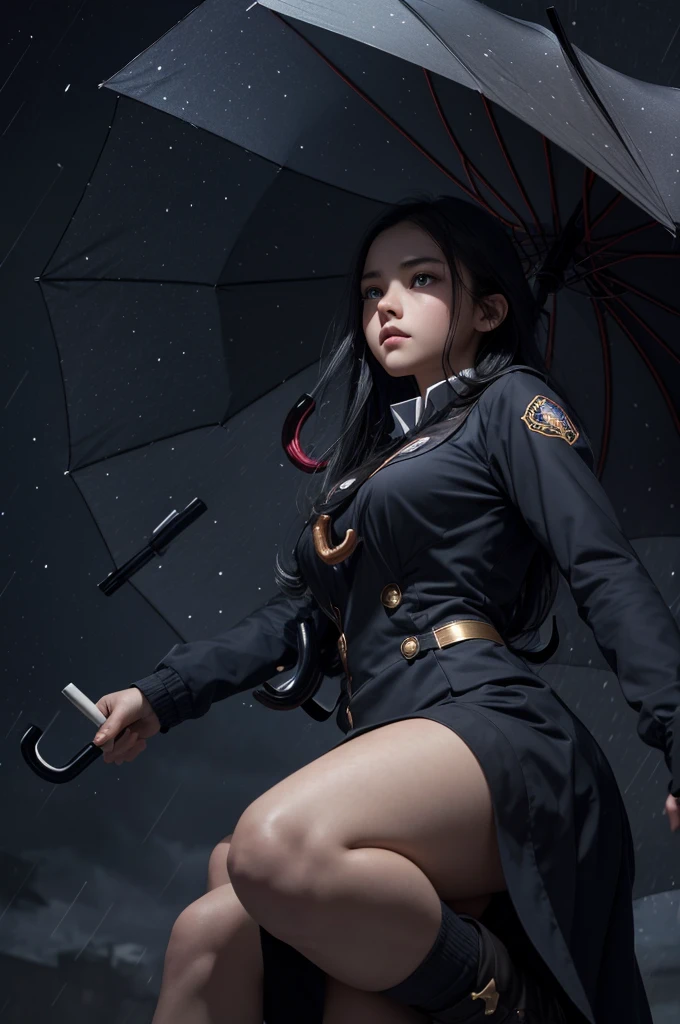 quality\(8k,wallpaper of extremely detailed CG unit, masterpiece,hight resolution,top-quality,top-quality real texture skin,hyper realisitic,increase the resolution,RAW photos,best qualtiy,highly detailed,the wallpaper,cinematic lighting,ray trace,golden ratio\), BREAK ,A girl\(student uniform,beautiful, young, big eyes, cosmic eyes, long eyelashes, long floating hair, beautiful eyes, surprised face,breast,(holding umbrella:1.5),looking up,looking away,at outside\((very dark:1.3),heavy rain\)\) ,inside umbrella\(starry sky\(shining stars,beautiful nebulae, detailed moon\)\), ,(from below:1.4),viewer can see the inside of the umbrella,full body