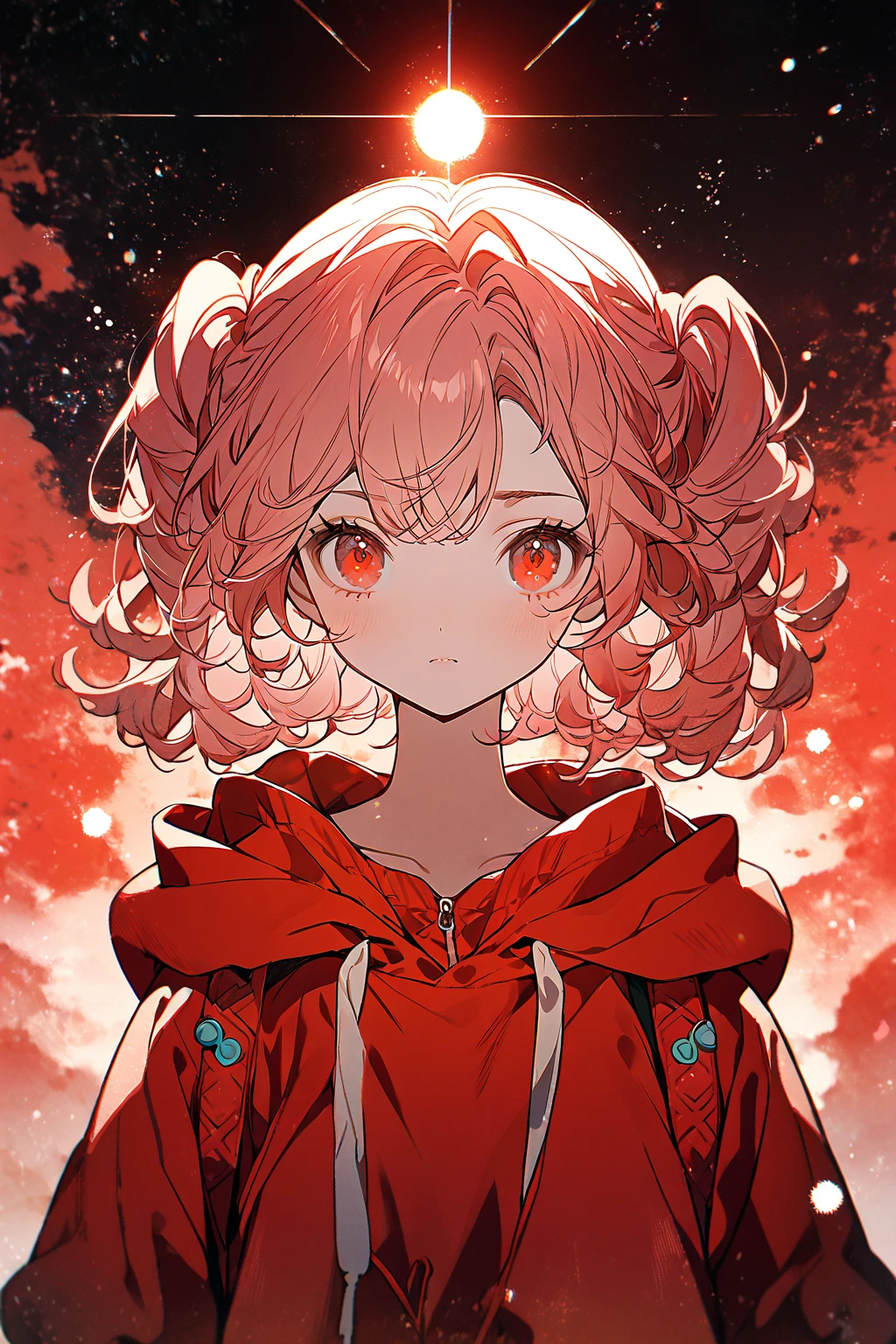 1 girl, CuteStyle, red eyes, light red hair with white strands on top, two small short pigtails, dressed in a light red hoodie with light spots, looks at the viewer, frowning, upper body, against the background of the cosmic sky, next to the sun, beautiful, detailed, delicate tones