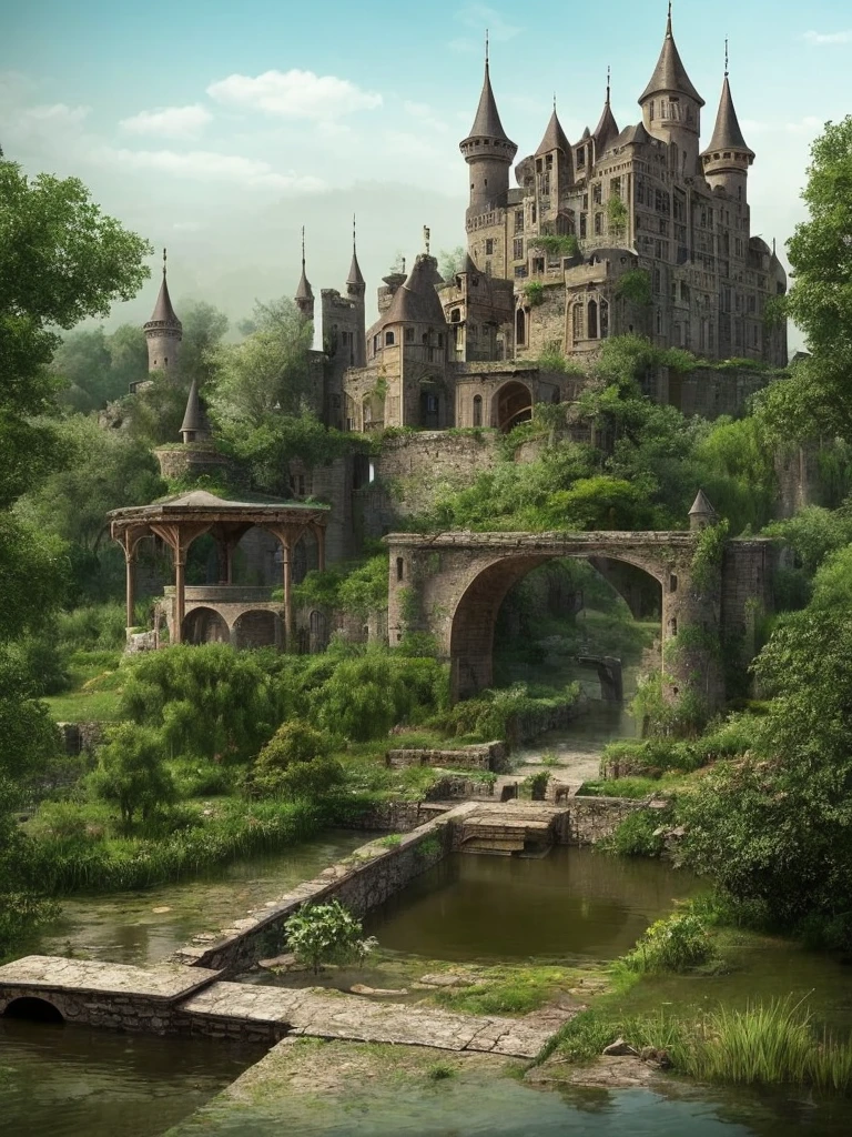 arafed castle with a pond and a bridge in front of it, a matte painting by Karl Hagedorn, flickr, renaissance, abandoned castle, located in a castle, beautiful castle, very far royal steampunk castle, abandoned castle in the sky, victorian castle, gothic castle, fantasy castle, fantasy setting, medieval castle, scarry castle)). mystical