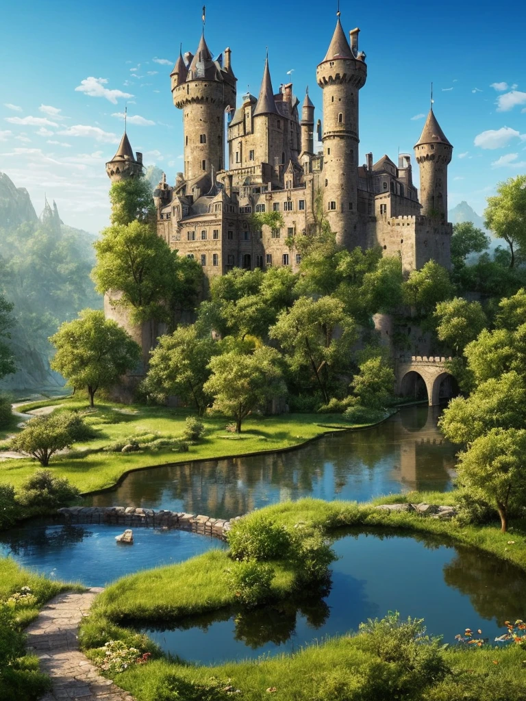 arafed castle with a pond and a bridge in front of it, a matte painting by Karl Hagedorn, flickr, renaissance, abandoned castle, located in a castle, beautiful castle, very far royal steampunk castle, abandoned castle in the sky, victorian castle, gothic castle, fantasy castle, fantasy setting, medieval castle, scarry castle)). mystical