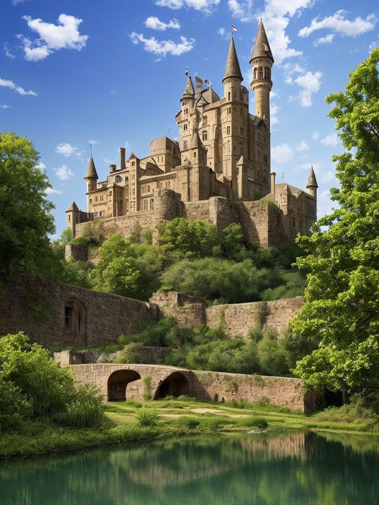 arafed castle with a pond and a bridge in front of it, a matte painting by Karl Hagedorn, flickr, renaissance, abandoned castle, located in a castle, beautiful castle, very far royal steampunk castle, abandoned castle in the sky, victorian castle, gothic castle, fantasy castle, fantasy setting, medieval castle, scarry castle)). mystical