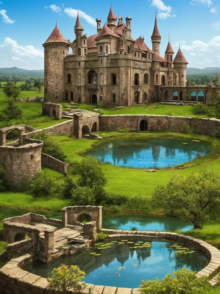 arafed castle with a pond and a bridge in front of it, a matte painting by Karl Hagedorn, flickr, renaissance, abandoned castle, located in a castle, beautiful castle, very far royal steampunk castle, abandoned castle in the sky, victorian castle, gothic castle, fantasy castle, fantasy setting, medieval castle, scarry castle)). mystical
