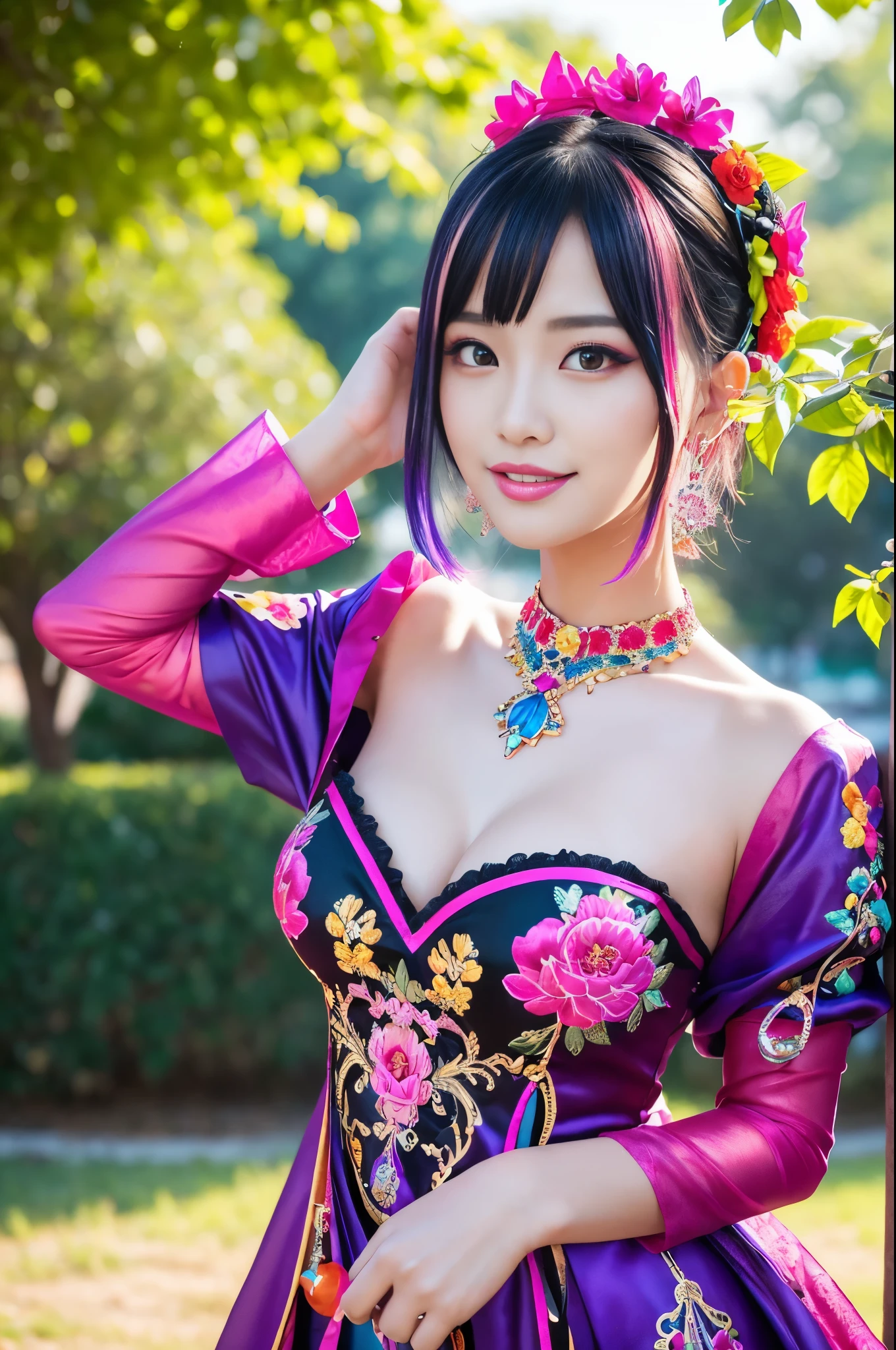 (masterpiece:1.4), (best quality:1.4), ultra high res, ultra high resolution, ((ultra detailed facial features)), HDR, (realistic, photorealistic, photo-realistic:1.37), full body Esbian, y Thai model, (-anime), vivid colors, ((vivid colors multicolor (fuchsia, pink, light blue, purple) very short hair)), ((seductive smile)), ultra detailed metallic makeup, lip-gloss, long lashes, defined eyebrows, wearing large sparkling colorful jewelery, wearing a red silk Paradise Kiss cosplay dress with black floral embroidery, ((vivid colors outfit)), vivid colors, look at the camera, cinematic light, large park background with trees, sweet and sexose