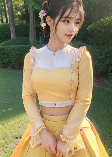 photorealistic, high resolution, masterpiec e best quality ultra-detailed, 1women. (m edium breast), hair bun, jesmine flower o n the head, mature female, solo, hips up, (wearing acmmsayarma outfit, acmmsaya rma (yellow top ) with buttons, long sleeves), ((acmmsayarma yellow long skirt)