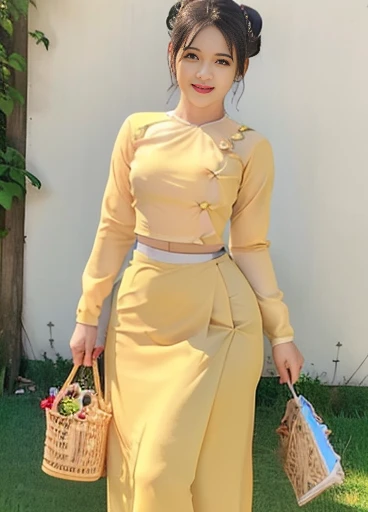 photorealistic, high resolution, masterpiec e best quality ultra-detailed, 1women. (m edium breast), hair bun, jesmine flower o n the head, mature female, solo, hips up, (wearing acmmsayarma outfit, acmmsaya rma (yellow top ) with buttons, long sleeves), ((acmmsayarma  yellow long skirt) 